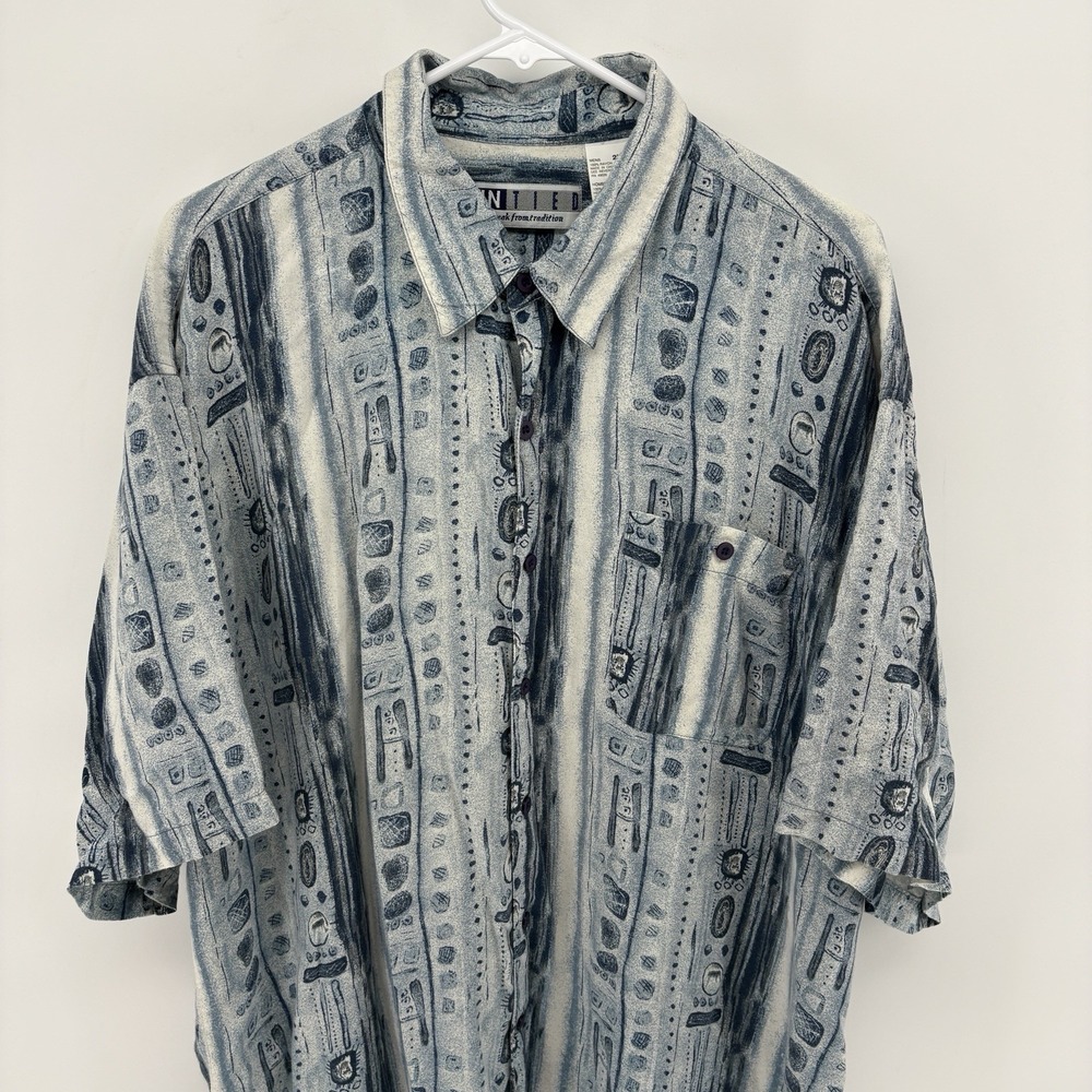 Vintage Untied 100% Rayon Abstract Print Button Up Shirt Blue Hawaiian Men 2XL